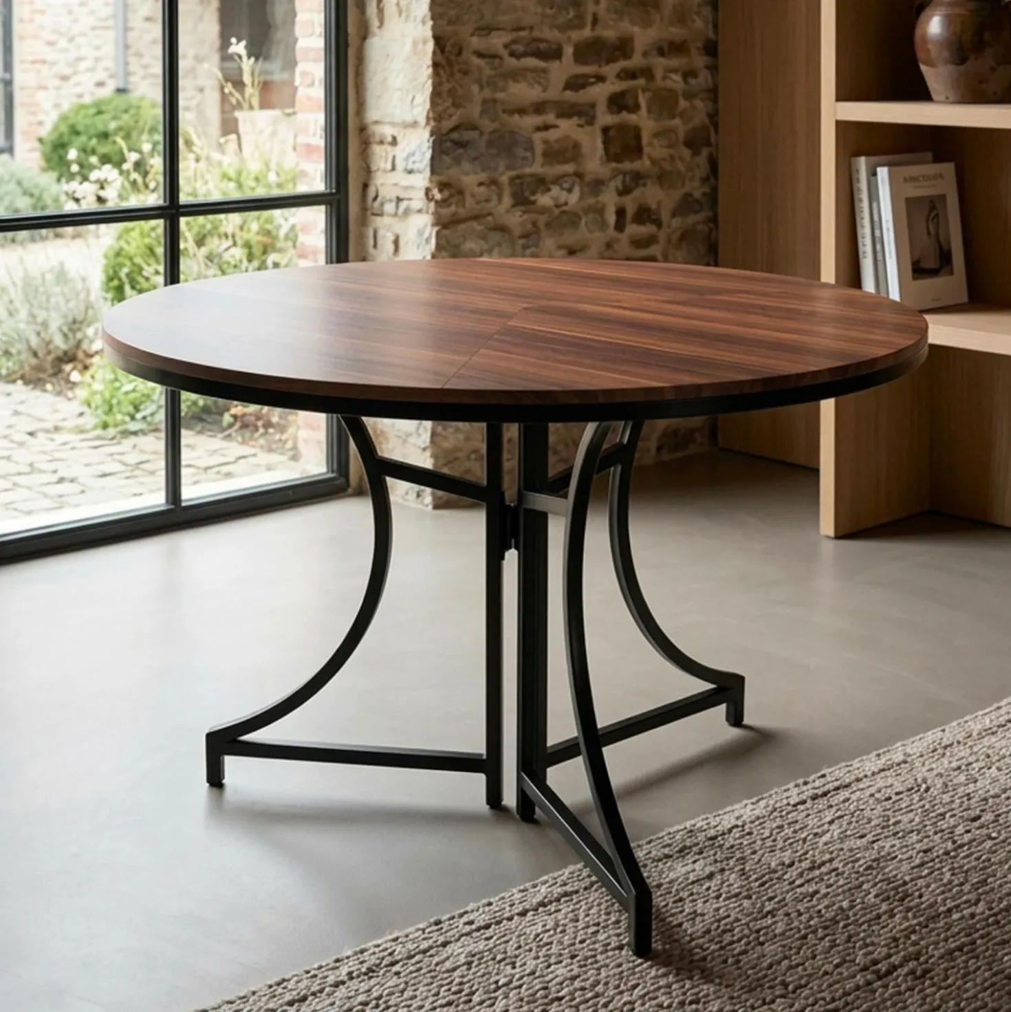 Table ronde pliante gain de place Foldine Ø80cm Métal Noir et Bois noisette