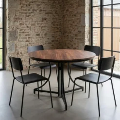 Table ronde pliante gain de place Foldine Ø80cm Métal Noir et Bois noisette