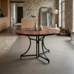 Table ronde pliante gain de place Foldine Ø80cm Métal Noir et Bois noisette
