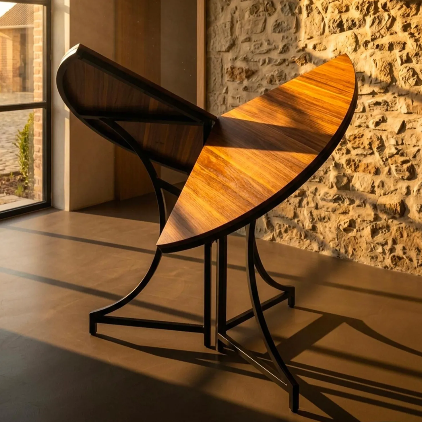 Table ronde pliante gain de place Foldine Ø80cm Métal Noir et Bois noisette
