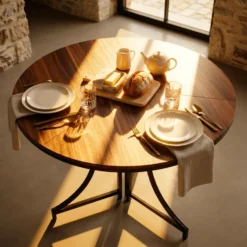 Table ronde pliante gain de place Foldine Ø80cm Métal Noir et Bois noisette