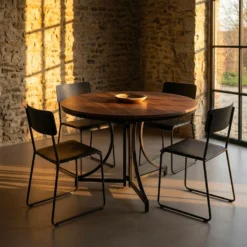 Table ronde pliante gain de place Foldine Ø80cm Métal Noir et Bois noisette