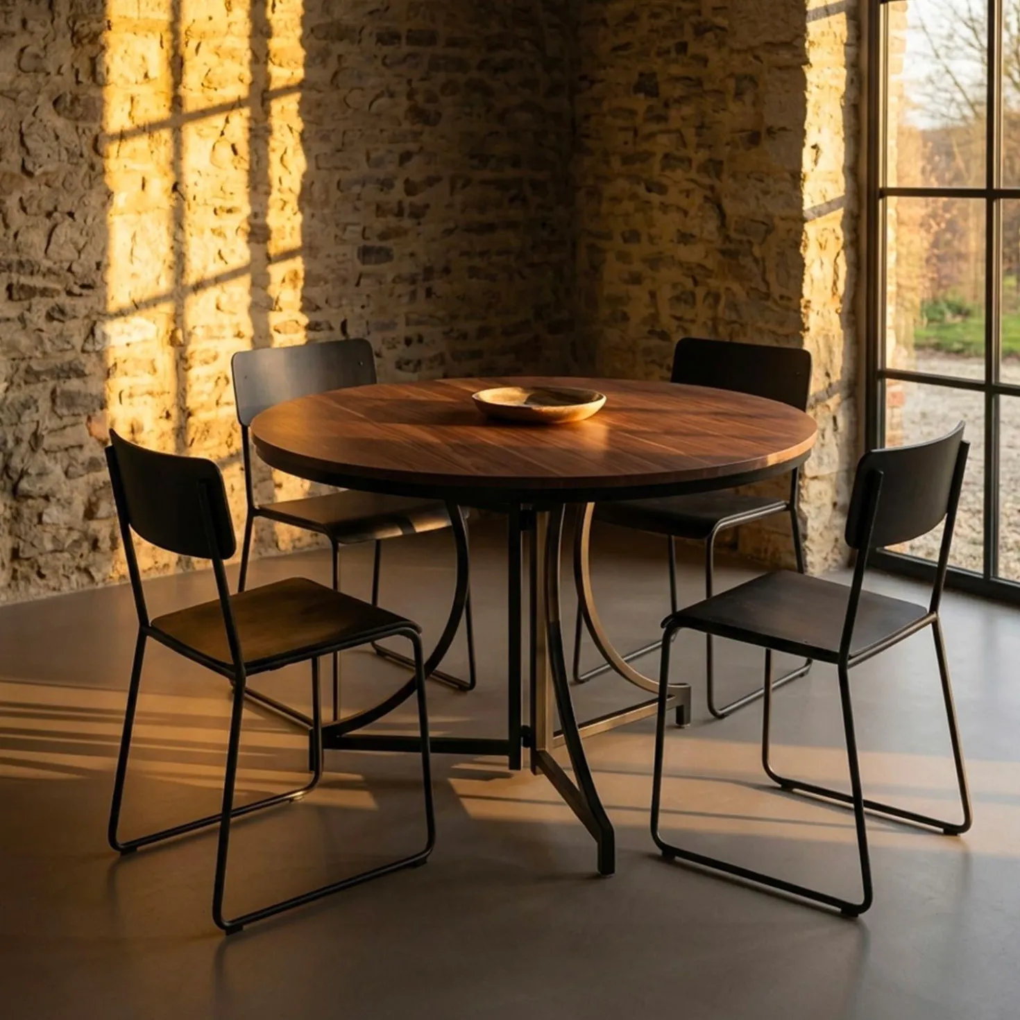 Table ronde pliante gain de place Foldine Ø80cm Métal Noir et Bois noisette