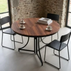 Table ronde pliante gain de place Foldine Ø80cm Métal Noir et Bois noisette