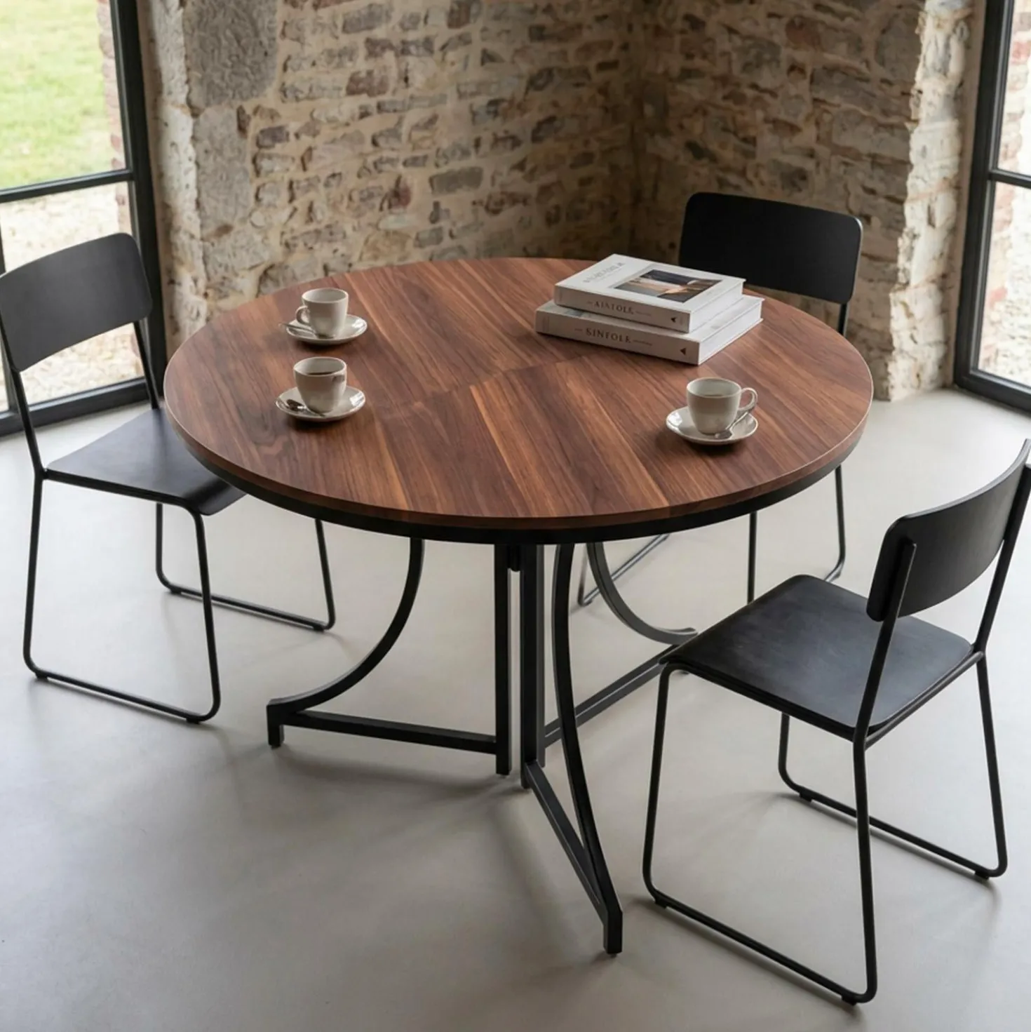 Table ronde pliante gain de place Foldine Ø80cm Métal Noir et Bois noisette