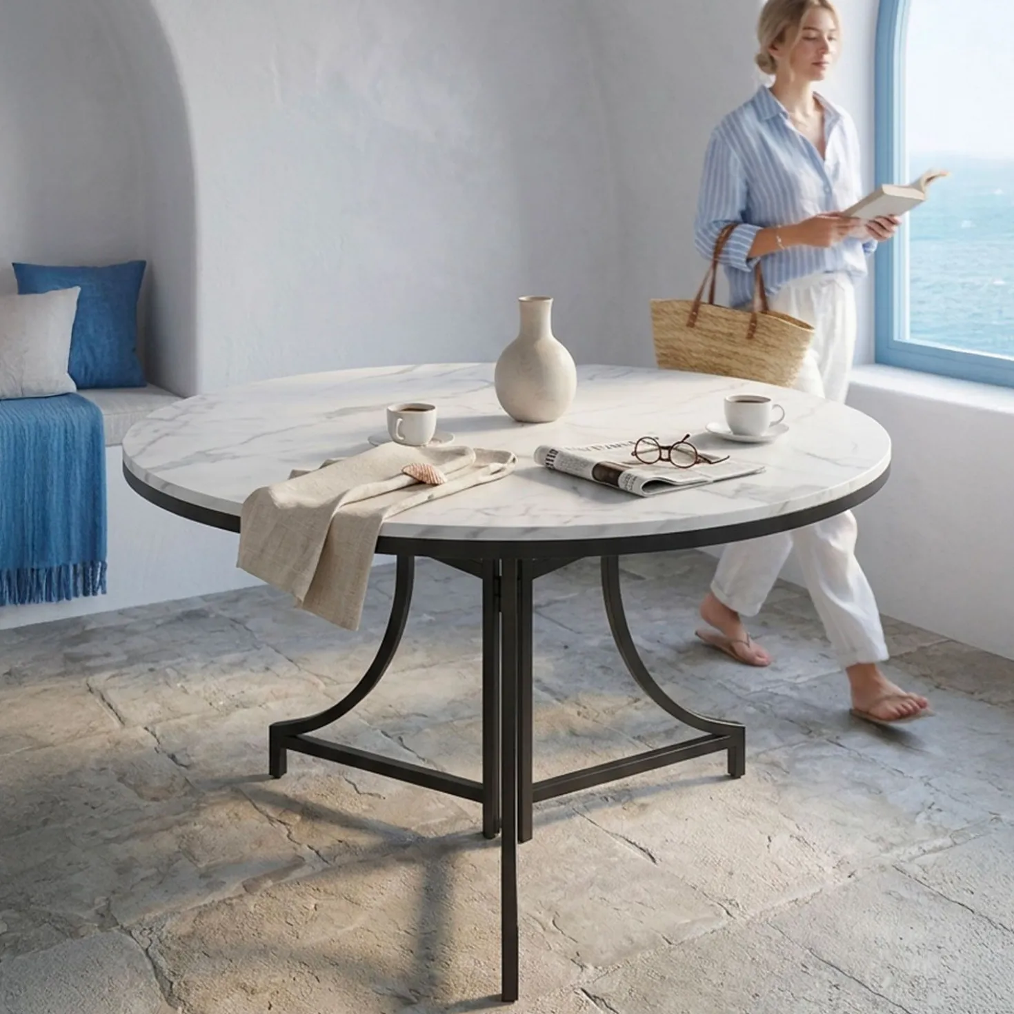 Table ronde pliante gain de place Foldine Ø100cm Métal Noir et Effet marbre Blanc