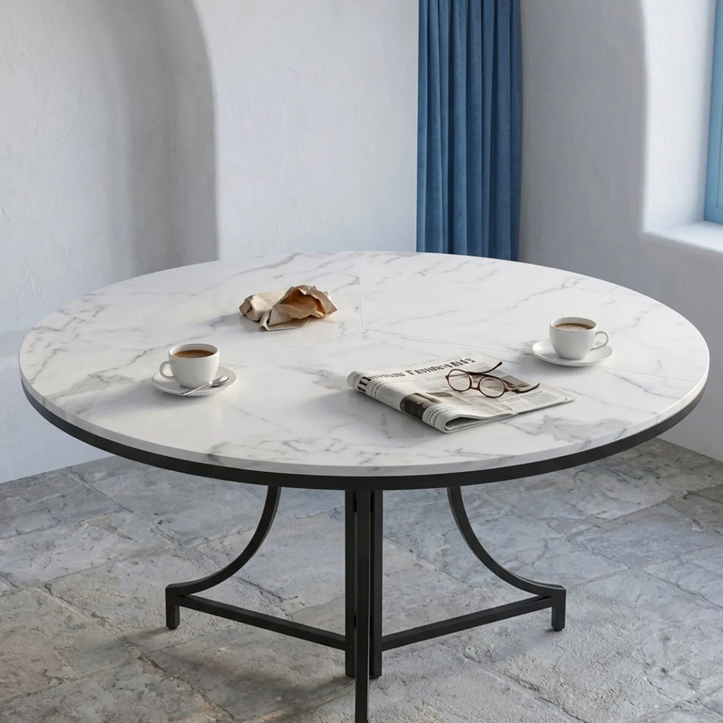 Table ronde pliante gain de place Foldine Ø100cm Métal Noir et Effet marbre Blanc