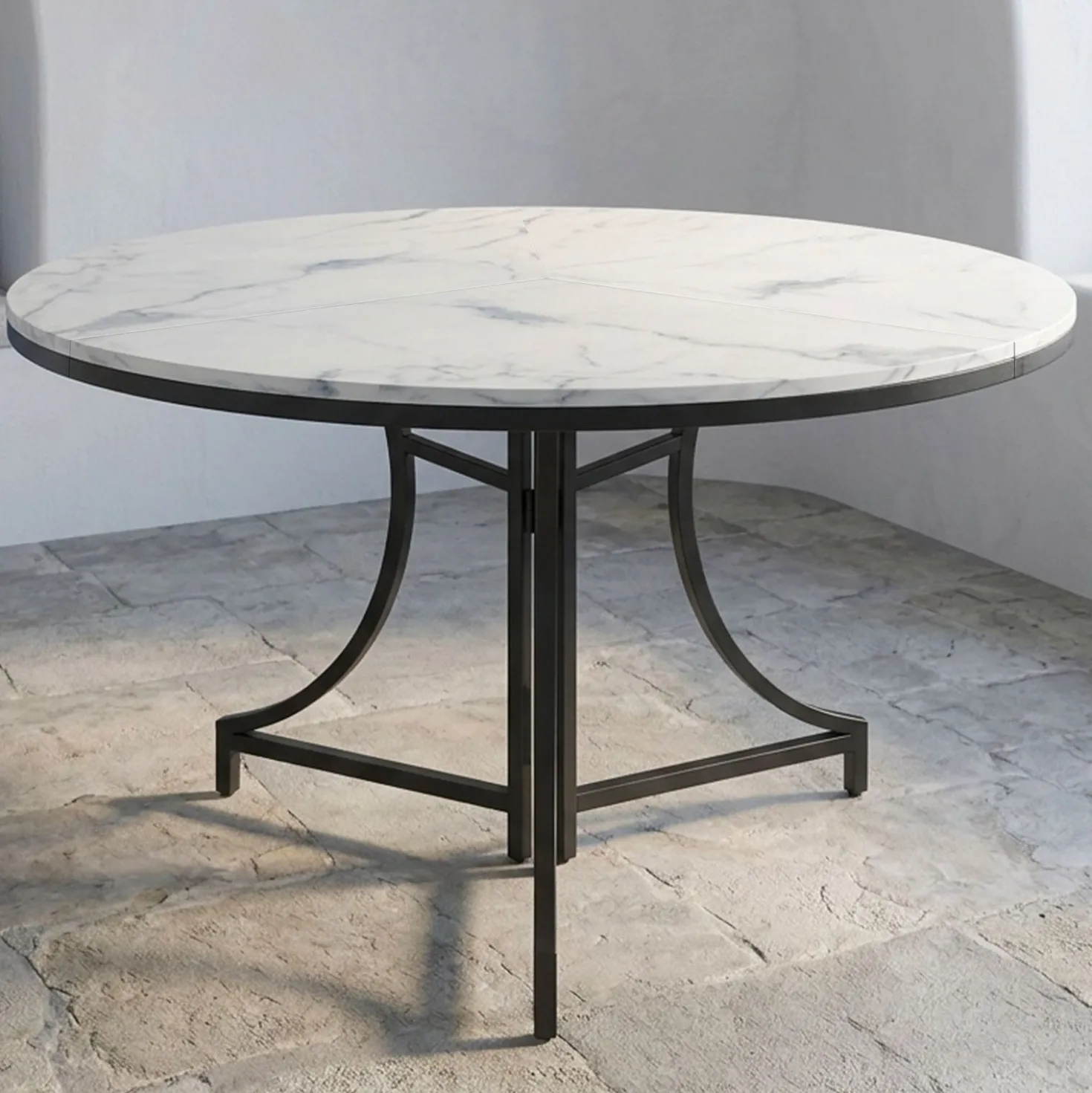 Table ronde pliante gain de place Foldine Ø100cm Métal Noir et Effet marbre Blanc