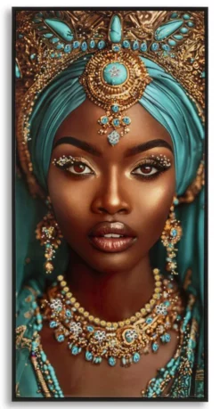 Toile laquée Maya visage exotique turquoise avec cadre