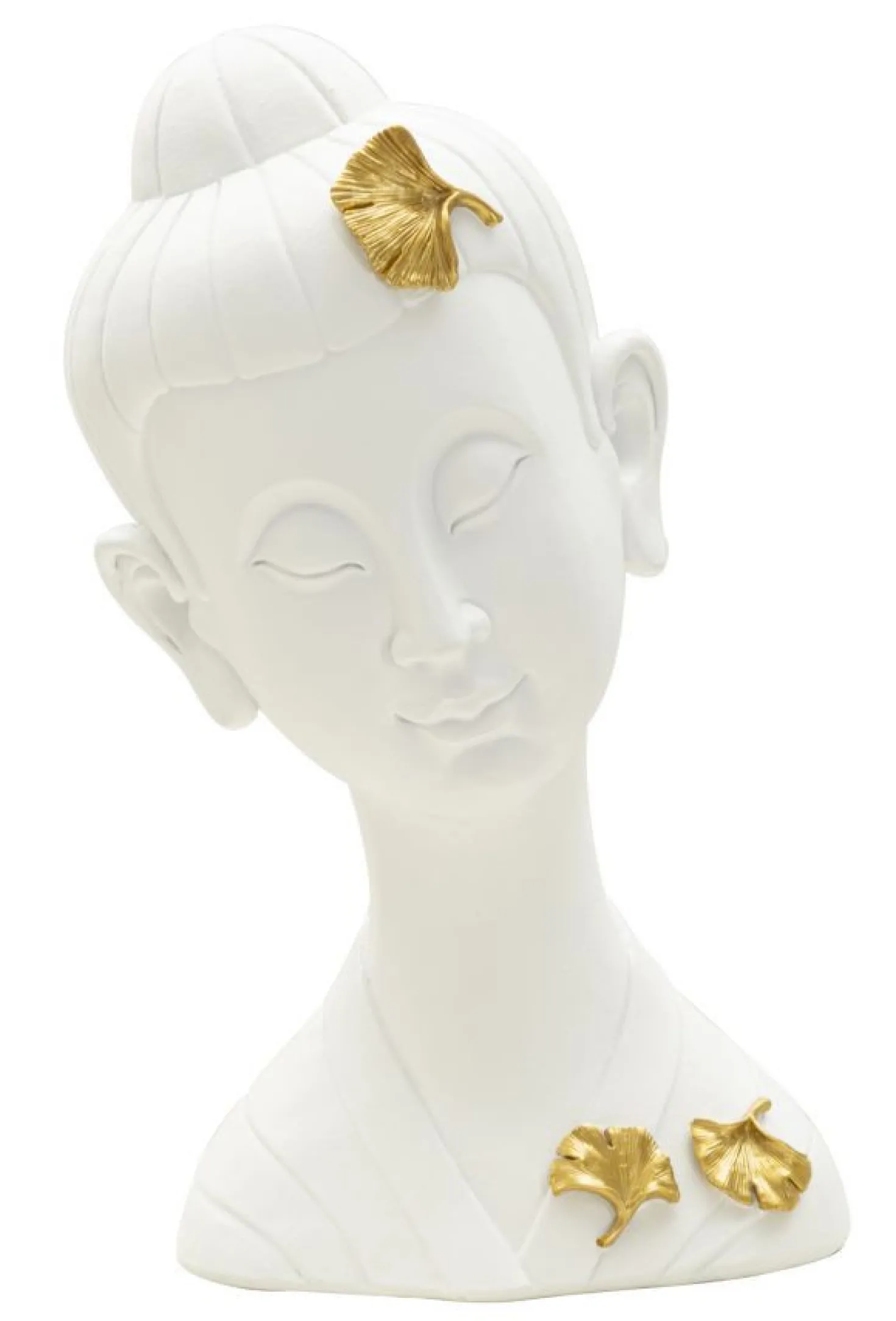 Tête de Bouddha en polyrésine blanche ornée de feuilles d'or