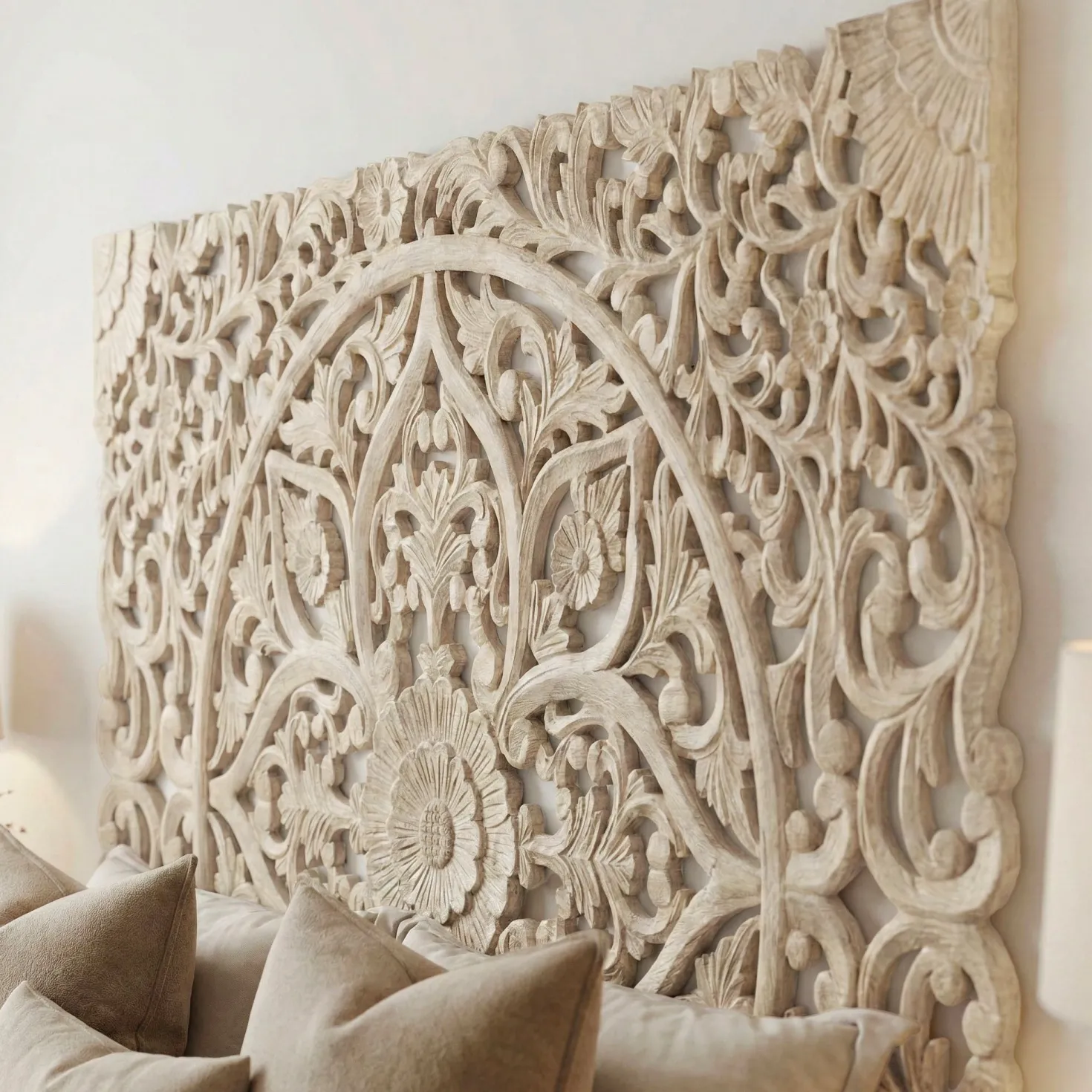 Tête de lit bois sculpté Serena 180cm Effet travertin Beige clair