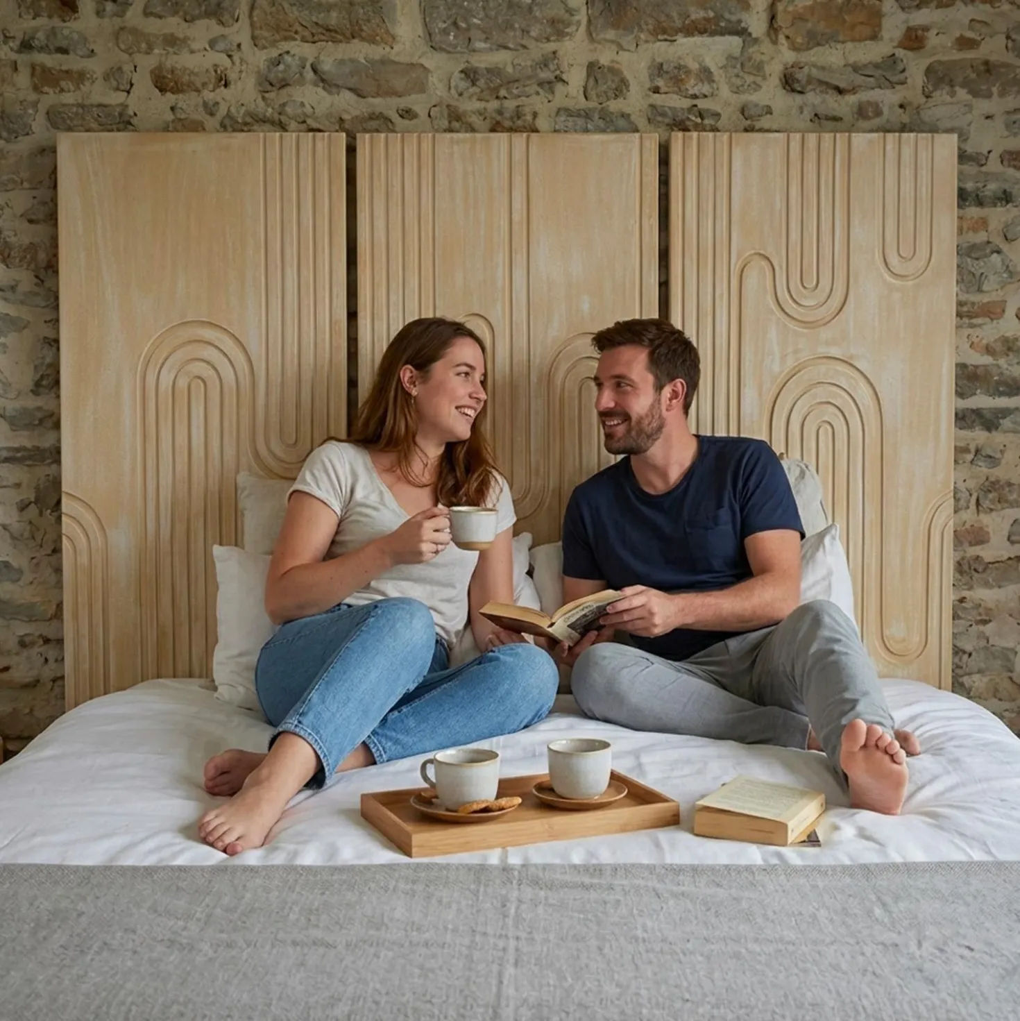 Tête de lit murale triptyque Aurore 160cm Bois sculpté Beige patiné