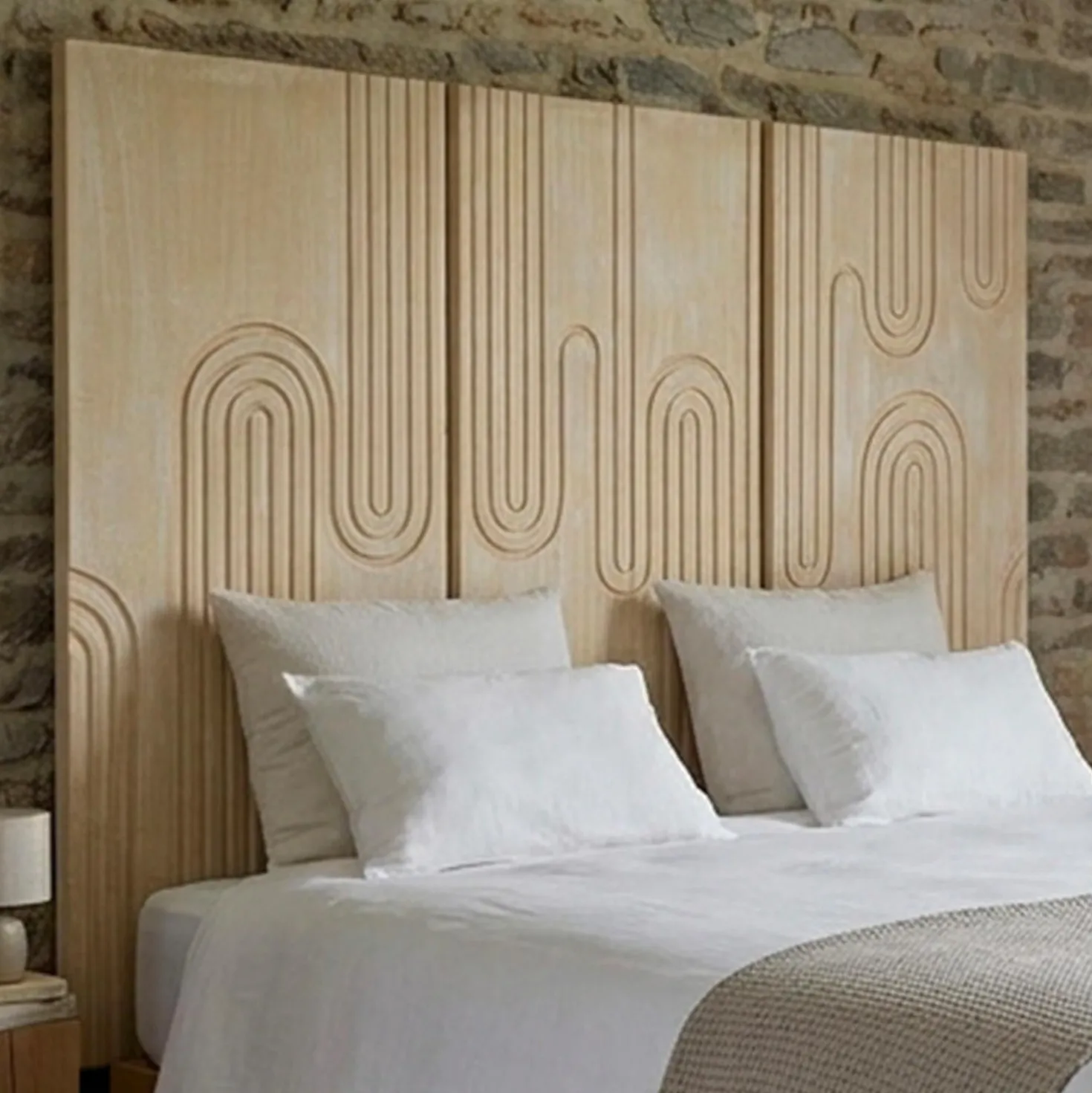 Tête de lit murale triptyque Aurore 160cm Bois sculpté Beige patiné
