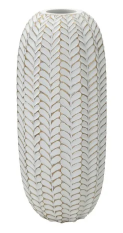 Vase décoratif motifs feuilles polyrésine Blanc et Or