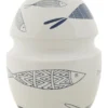 Vase en céramique blanche décoré de motifs de poissons et bleu