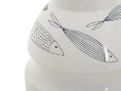 Vase en céramique blanche décoré de motifs de poissons et bleu
