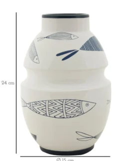 Vase en céramique blanche décoré de motifs de poissons et bleu
