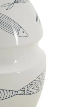 Vase en céramique blanche décoré de motifs de poissons et bleu