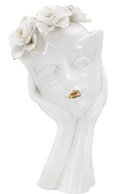 Vase féminin en porcelaine décoré d'une couronne de fleurs blanc et or