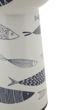 Vase haut en céramique blanche décor poissons bleu
