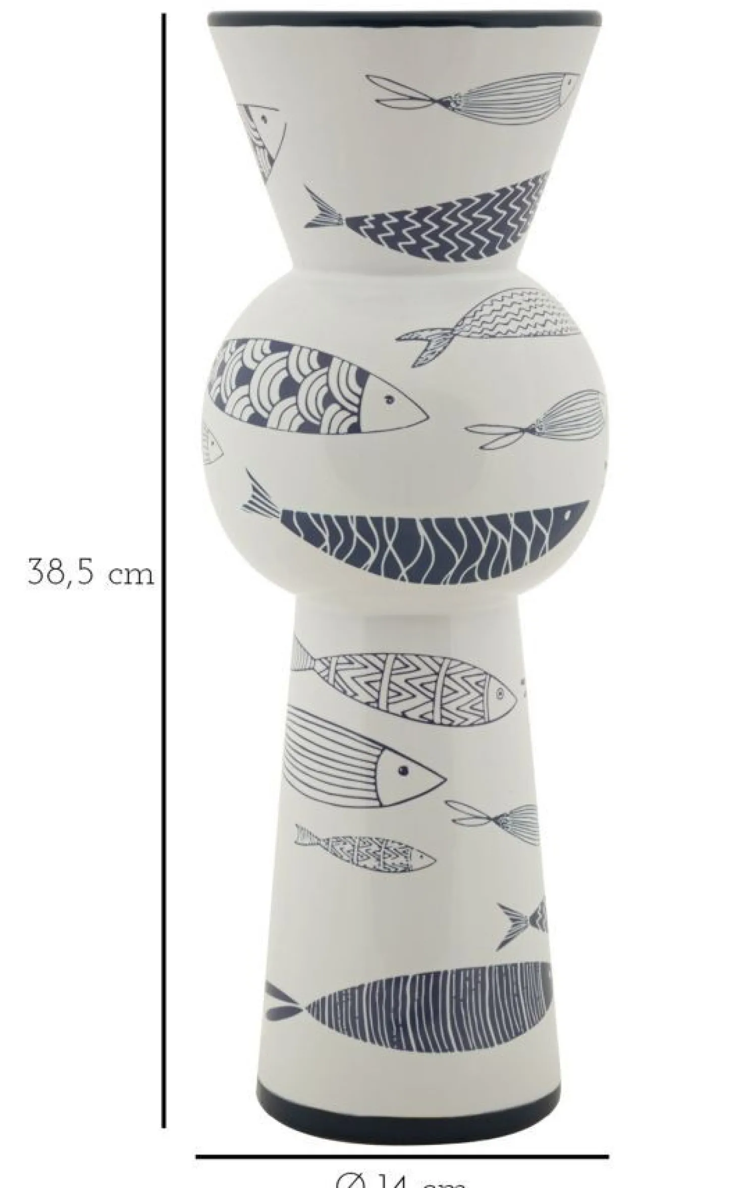 Vase haut en céramique blanche décor poissons bleu