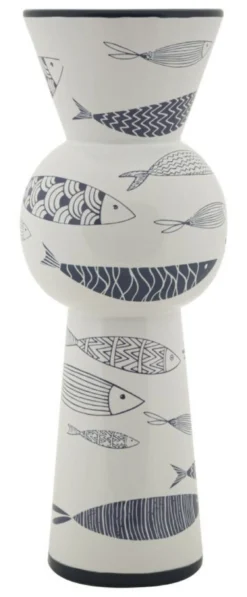 Vase haut en céramique blanche décor poissons bleu