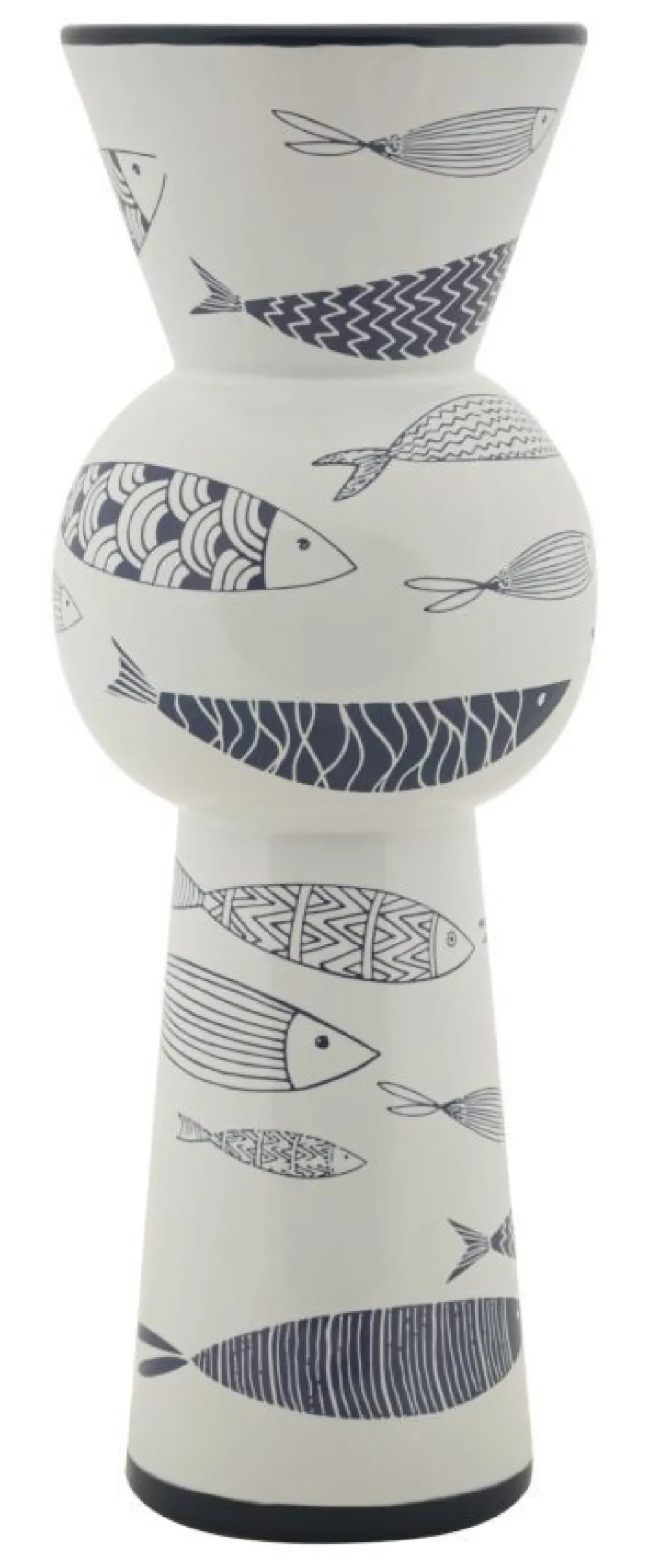 Vase haut en céramique blanche décor poissons bleu