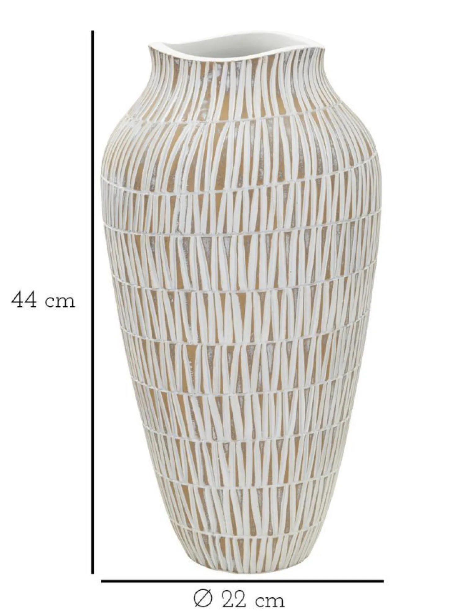Vase polyrésine blanc décoré de sculptures géométriques et linéaires dorées