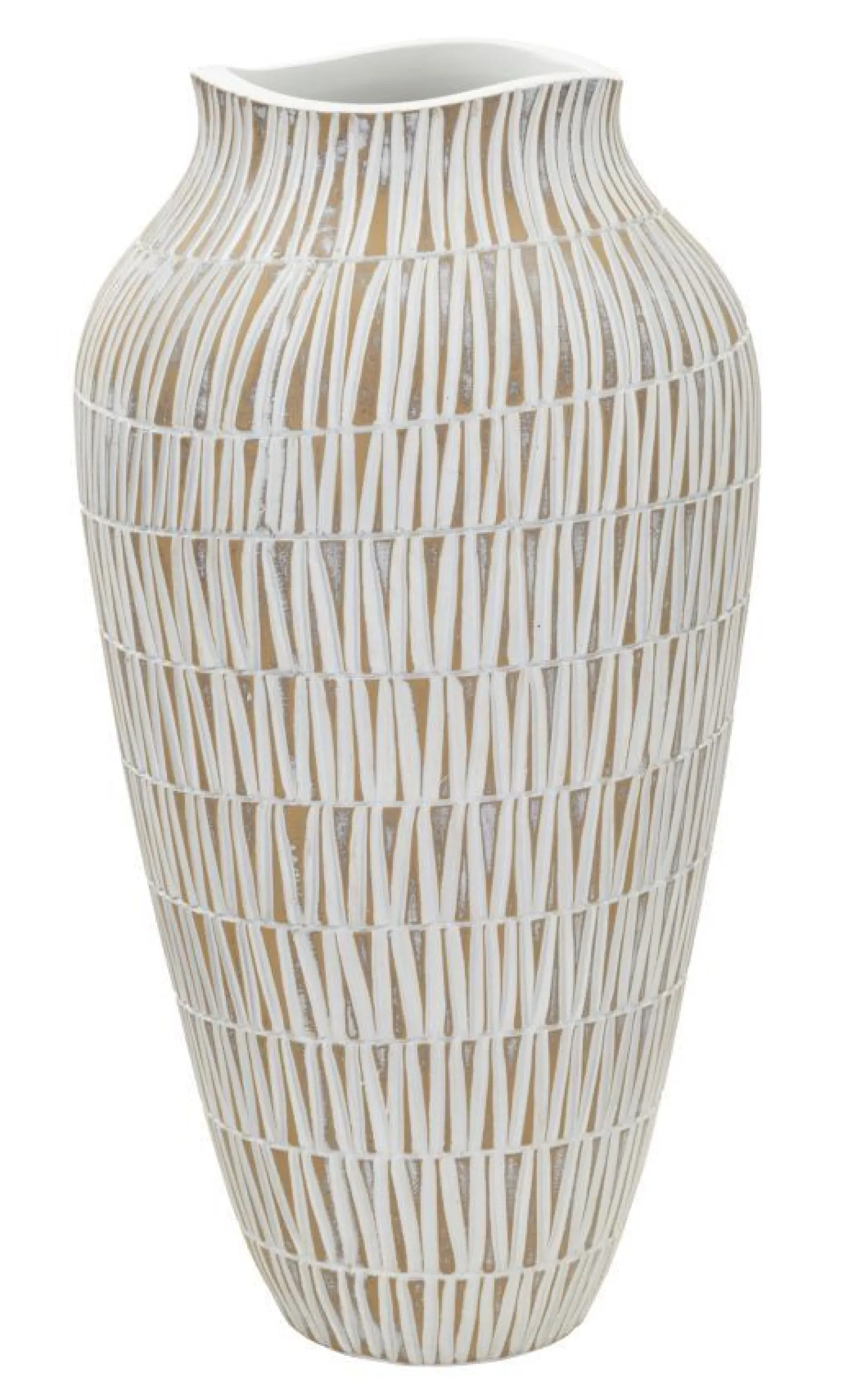 Vase polyrésine blanc décoré de sculptures géométriques et linéaires dorées