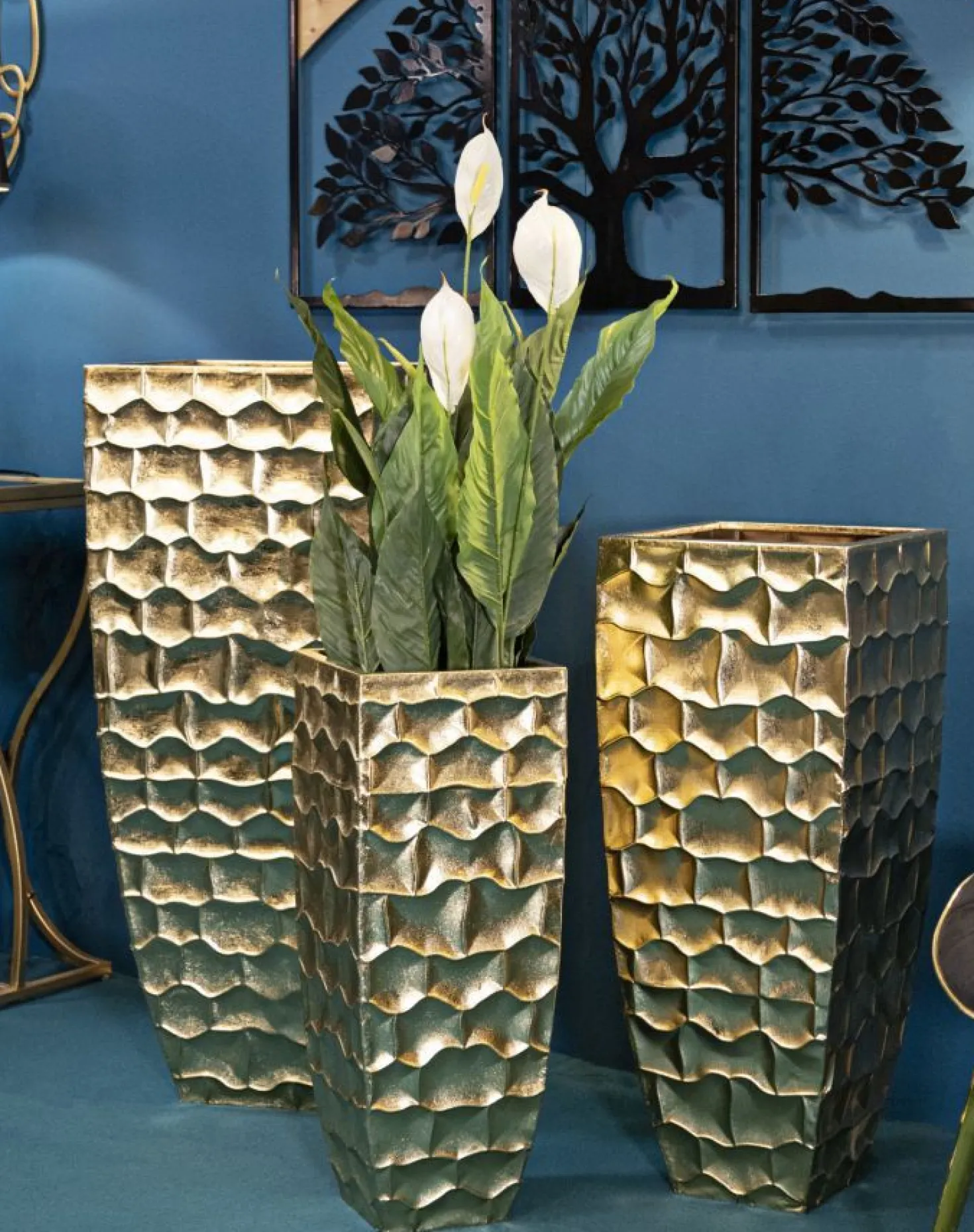 Vases carrés en métal doré ensemble de 3 pièces décorations en relief